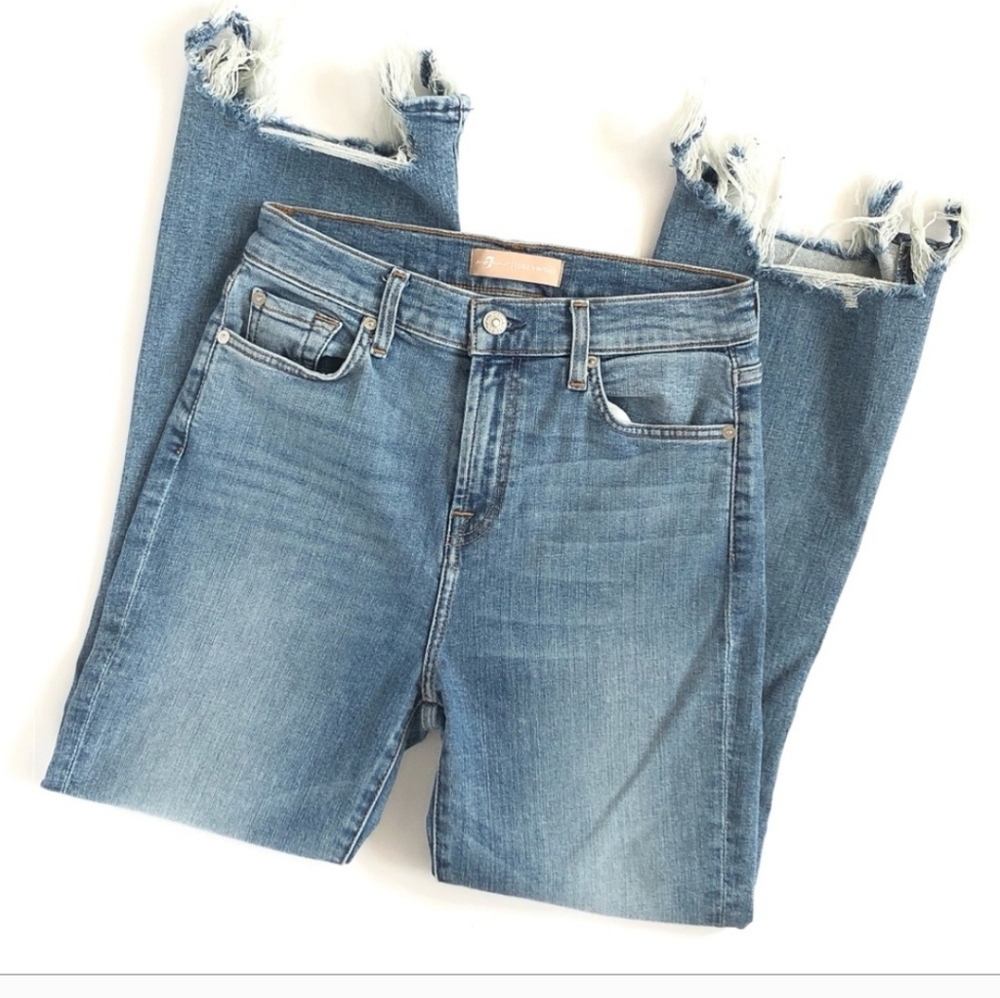 7 For All Mankind Women’s Luxe High Waist Slim Kick Long Side Hem + Destroy Jean